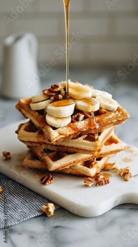 Delicious Stack of Waffles Topped With Bananas and Drizzled With Syrup in a C...