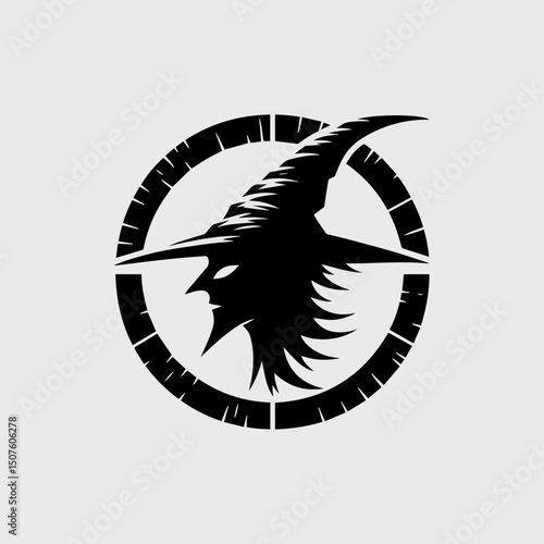 Intriguing black silhouette of a witch's head within a circular magical frame. Fantasy concept