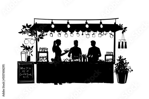 Local food vendors serving attendees, black vector graphic