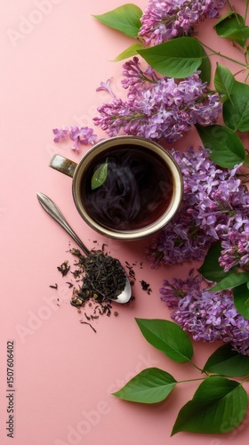 Elegant Cup of Herbal Tea Surrounded by Lilac Flowers and Dried Leaves on a P...