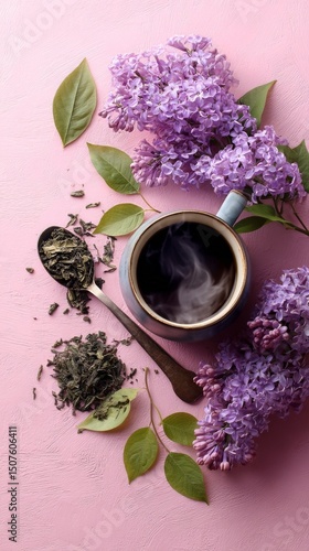 Elegant Cup of Herbal Tea Surrounded by Lilac Flowers and Dried Leaves on a P...