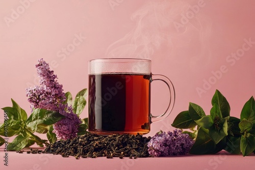Warm Cup of Herbal Tea With Flowers and Herbs on a Pink Background