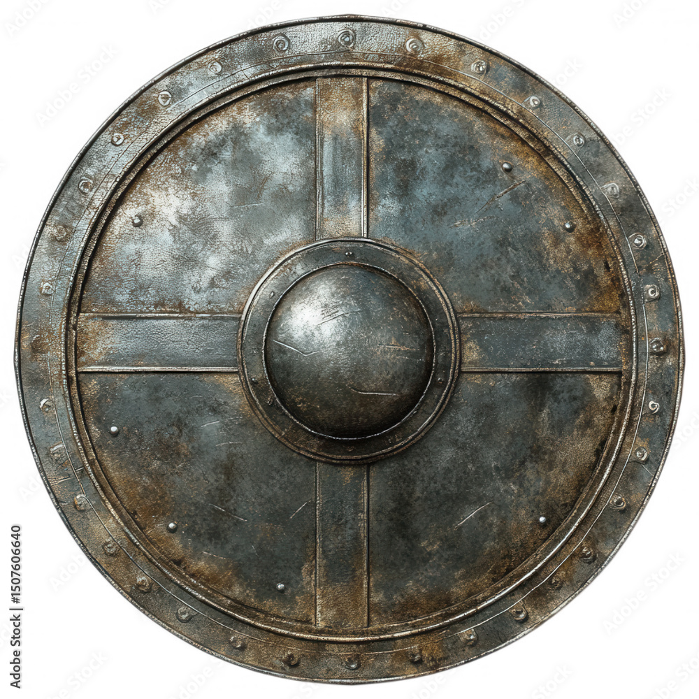 Fototapeta premium Weathered Metal Shield, Rustic Round Shield, Medieval Warrior Gear, Ancient Battle Shield, Textured Iron Buckler