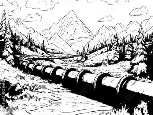 Oil pipelines crossing pristine landscapes, vector illustration