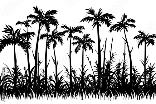 Plantation rows replacing tropical woodlands, black vector graphic