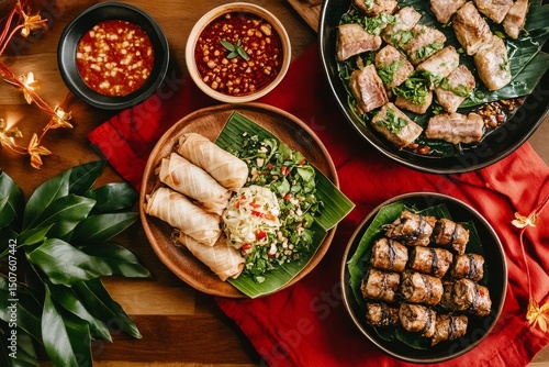 Delicious Asian Cuisine Featuring Grilled Meat Rolls and Side Dishes Served o...