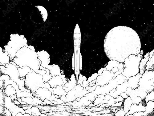 Rocket launch beside drought victims, vector illustration art