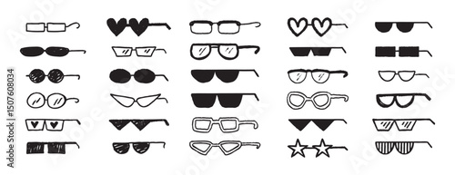 Thug glasses. Cool glasses graffiti grunge black sunglasses set, brush scribble hand drawn doodle elements