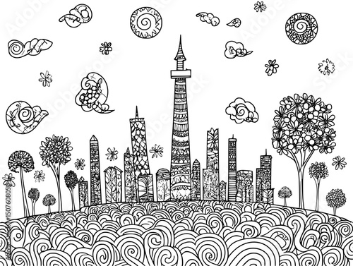 Smokestack hidden behind trees, vector graphic