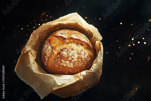 Freshly Baked Bread Resting in Parchment With Golden Sparkles in the Background
