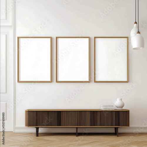 three woden large blank art frame hanging on the wall