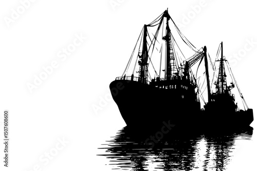 Trawlers casting enormous nets offshore, vector illustration