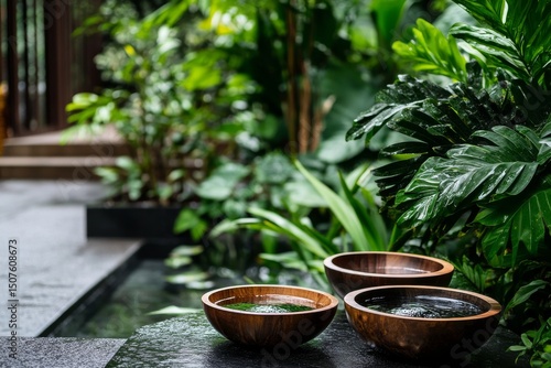 Natural Tranquility With Wooden Bowls in a Lush Garden Setting Surrounded by ...