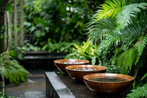 Natural Tranquility With Wooden Bowls in a Lush Garden Setting Surrounded by ...