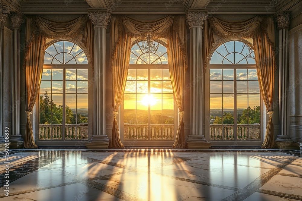 Obraz premium Grand ballroom with arched windows and golden sunset view through elegant curtains