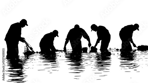 Volunteers collecting water quality samples, vector illustration art