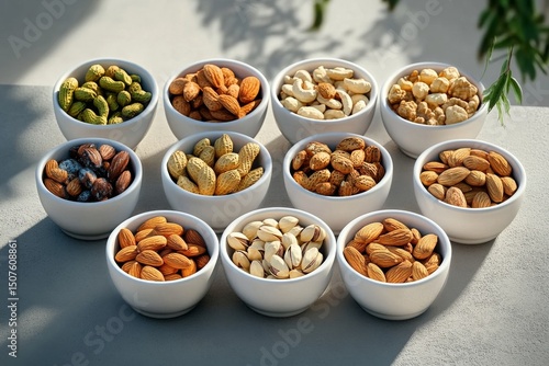 Diverse Assortment of Nuts Displayed in Ceramic Bowls on a Table Under Natura...
