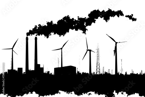 Wind turbines replacing coal stacks, vector graphic