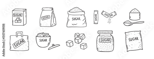 sugar doodle hand drawn icon set. Outline drawing sugar packaging, sugar cubes line clipart symbol collection