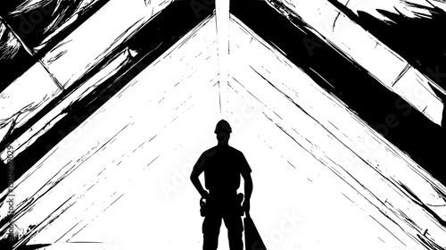 Worker installing attic insulation materials, vector design