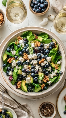 Fresh Blueberry Salad With Spinach and Walnuts Enjoyed in a Cozy Kitchen Setting