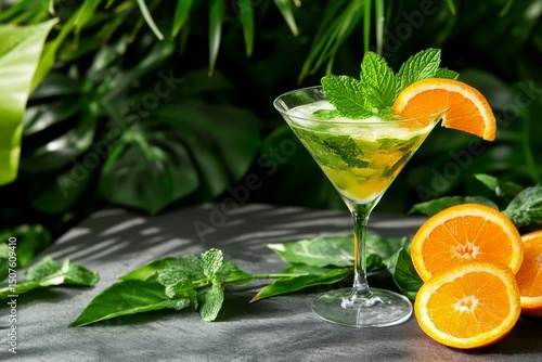 Refreshing Cocktail Garnished With Mint, Served With Orange in Lush Greenery