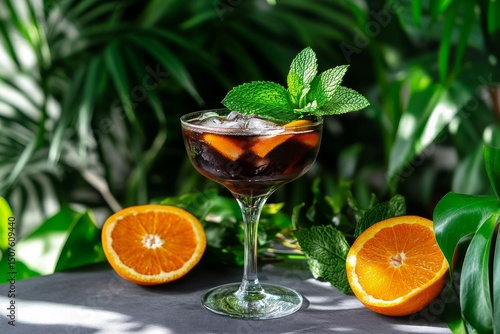 Refreshing Cocktail Garnished With Mint Served With Orange in Lush Greenery