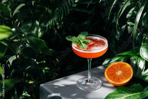 Refreshing Cocktail Garnished With Mint and Served With Orange in Lush Greenery