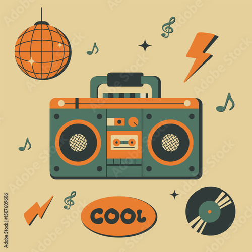Retro boombox with cassette tape, disco ball, vinyl record, music notes, and lightning bolts. Fun vintage music-themed illustration with playful colors and cool vibes.