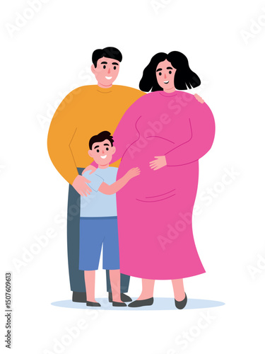 Family happy together waiting for baby's birth. Pregnant woman near her husband and son. Vector flat graphics.
