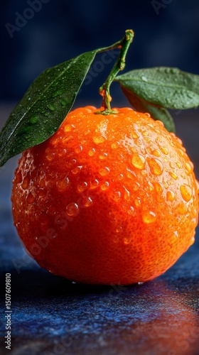 Fresh Tangerine With Droplets on Surface and Green Leaves Against Blue Backgr...