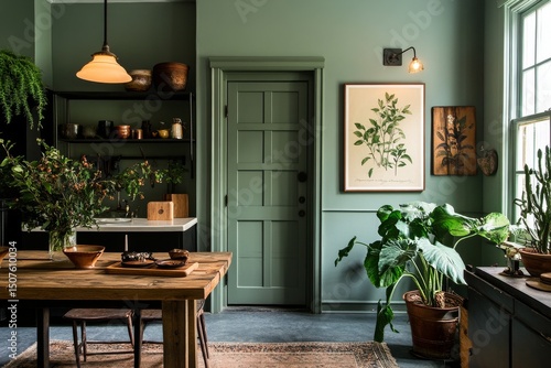 Stylish Kitchen With Wooden Table and Plants in a Modern Home Setting