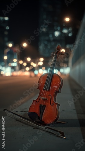 Violin Resting on the Sidewalk Under City Lights at Night