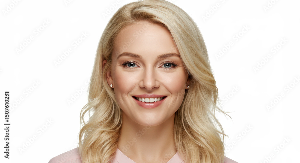 Portrait Of A Smiling Young Woman With Blonde Hair And Pink Outfit In A White Background Studio Shot Portrait Of A Smiling Young Woman With Blonde Hair And Pink Outfit In A White Background Studio Shot
