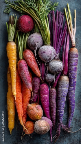 Fresh Assorted Root Vegetables Arranged on a Textured Background in Vibrant C...