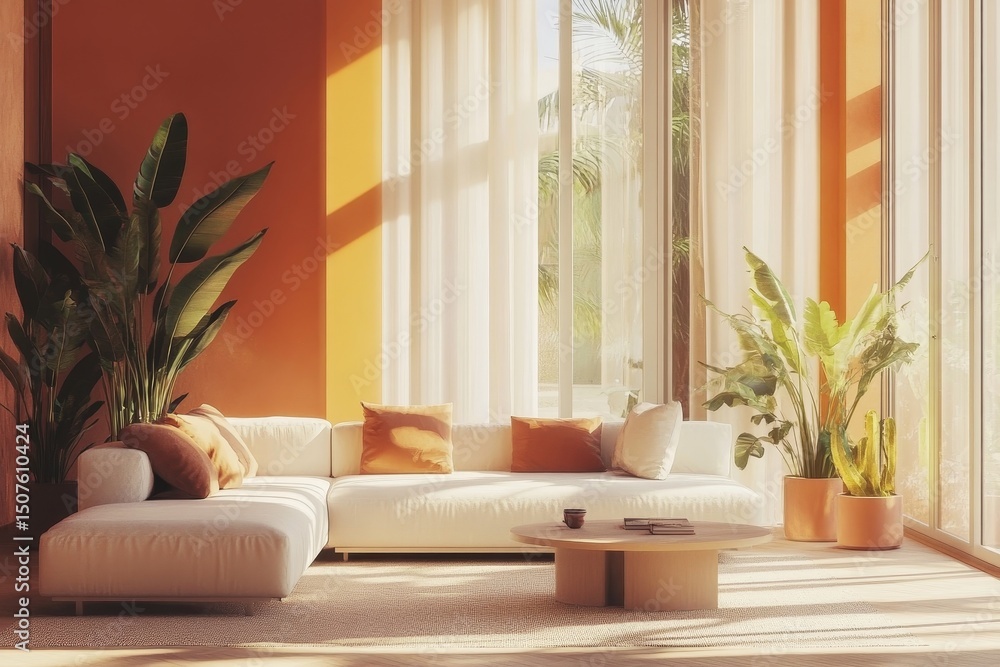 Modern sunlit living room with white sofa and indoor plants Modern sunlit living room with white sofa and indoor plants