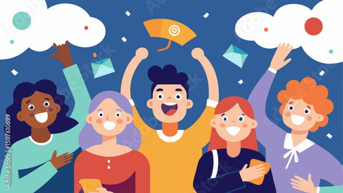 Excited Shoppers Under the Clouds A scene depicting a small group of diverse shoppers under a swirling cloud with discount symbols raining down their expressions full of joy and