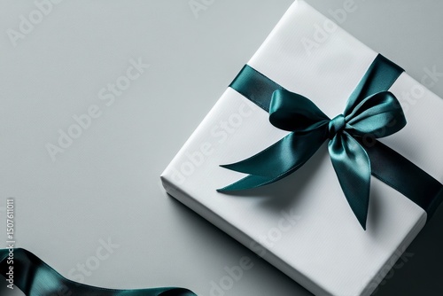 Elegant Gift Box With Teal Ribbon on a Smooth Grey Surface Showcasing Perfect...