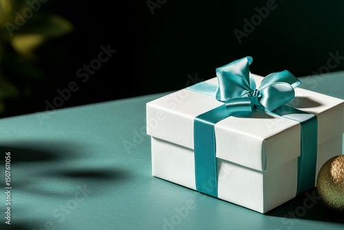 Elegant Gift Box With Teal Ribbon on a Smooth Grey Surface Showcasing Perfect...