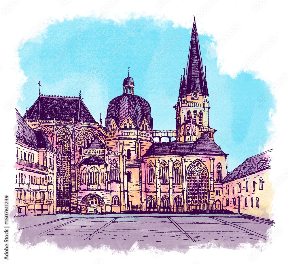 Obraz premium Architecture sketch illustration of Aachener Dom. An urban colorful landscape of Aachen Cathedral, Germany. Freehand digital drawing, watercolor. Hand drawn travel postcard. Banner, poster.
