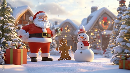 Festive winter scene with santa claus, snowman, and gingerbread man.