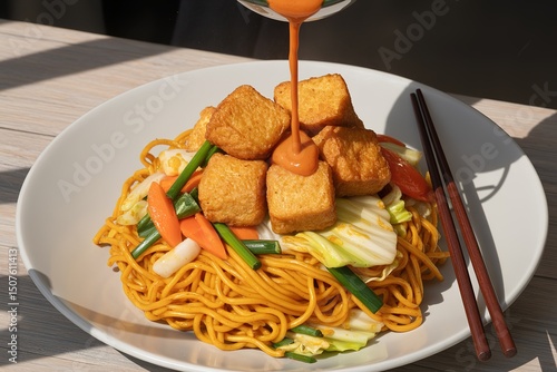 Stir-fried noodles with crispy tofu and vegetables drizzled with savory sauce