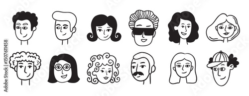 people avatars for social media, website doodle hand drawn icon set. Outline drawing trendy portraits girls and guys line clipart symbol collection. 