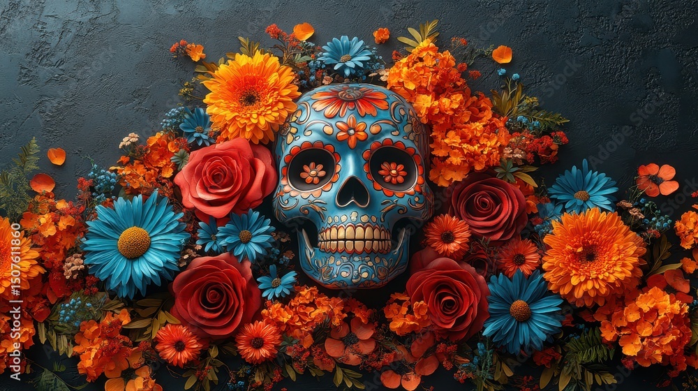 Vibrant Día de los Muertos Skull with Flowers. Vibrant Día de los Muertos Skull with Flowers.