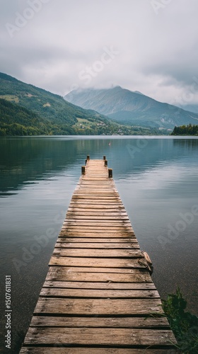 Tranquil Wooden Dock Extends Over Calm Lake Surrounded by Mountains on a Clou...