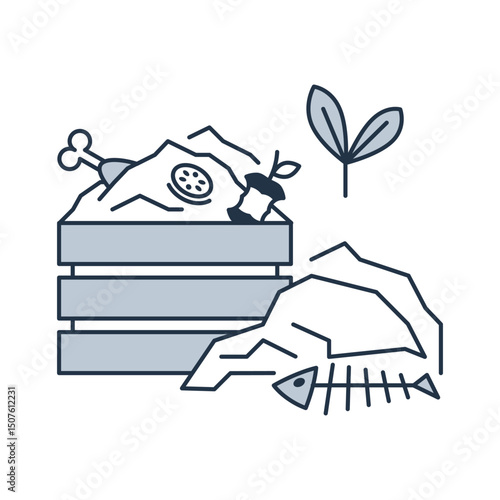 Organic waste icon. Box with a pile of compost, food garbage, and agricultural trash. Vector line pictogram isolated on a white background.