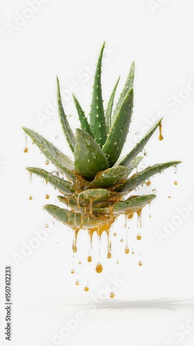 Aloe Vera Plant Dripping With Golden Nectar on a White Background