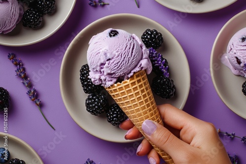 Delicious Purple Ice Cream Served With Fresh Blackberries on a Colorful Table