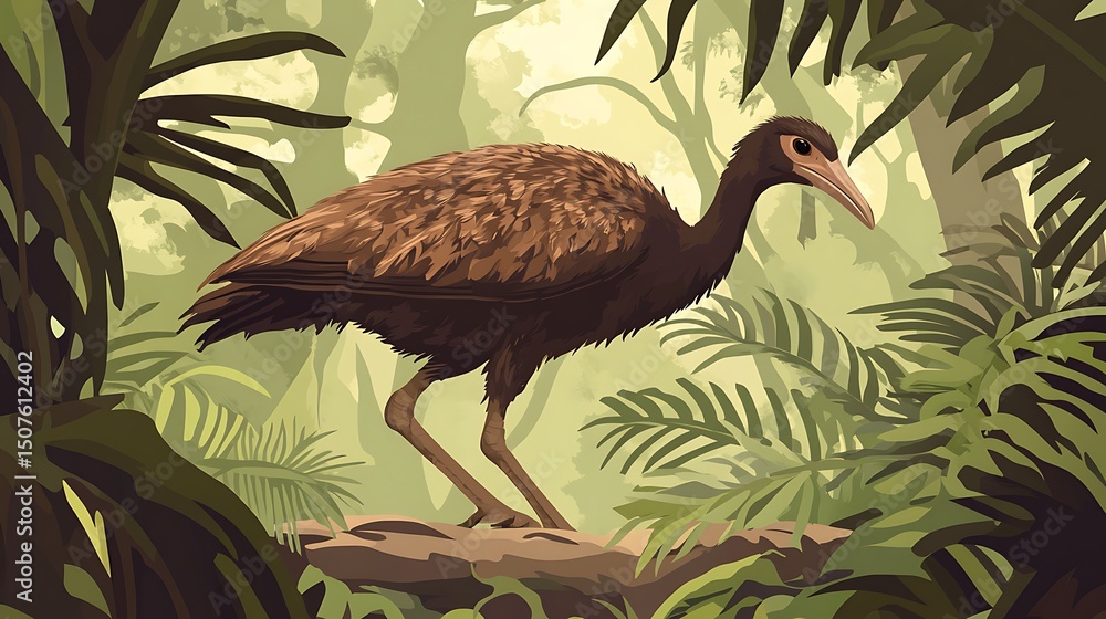 Fototapeta premium Illustration of a prehistoric bird in a lush jungle environment.