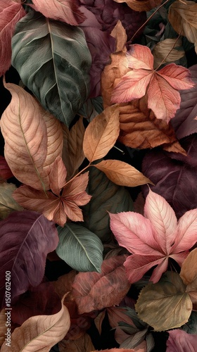 Colorful Autumn Leaves Arranged in a Beautiful Natural Pattern on a Dark Back...